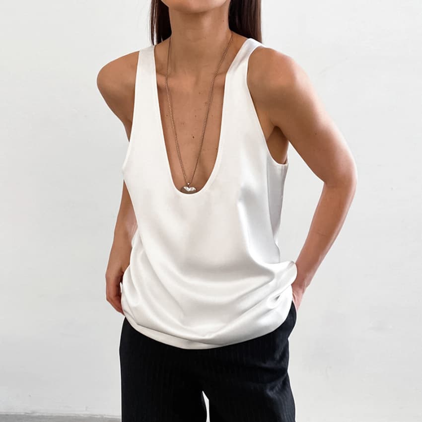 2026 Commute Simple Inner Satin Deep V Camisole Women Summer Loose Ice Silk Tank Top European and American Women's Clothing
