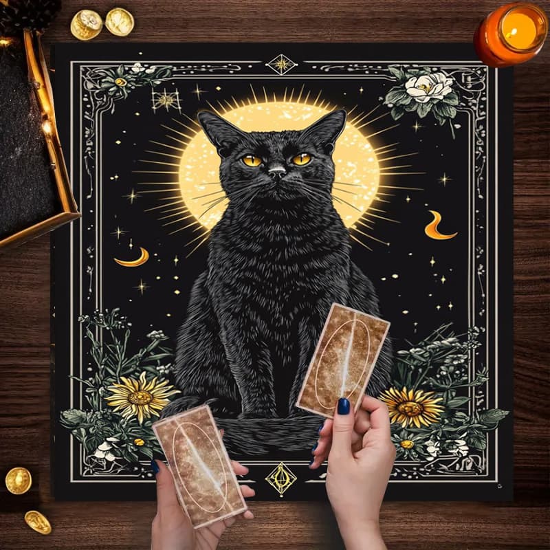 Cross-Border Hot Selling Vintage Mysterious Cat Tree of Life Altar Cloth Five-Pointed Star Tarot Card Black Oracle Mat Tarot Table
