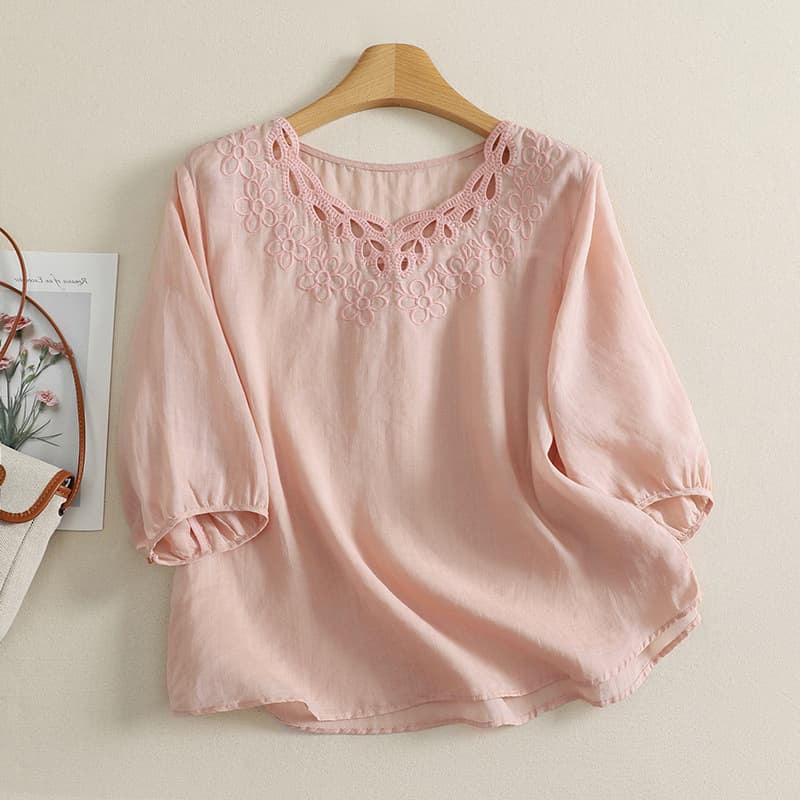 Real shot of artistic hollow embroidered cotton and linen shirt for women solid color temperament lantern sleeve thin pullover shirt for women summer