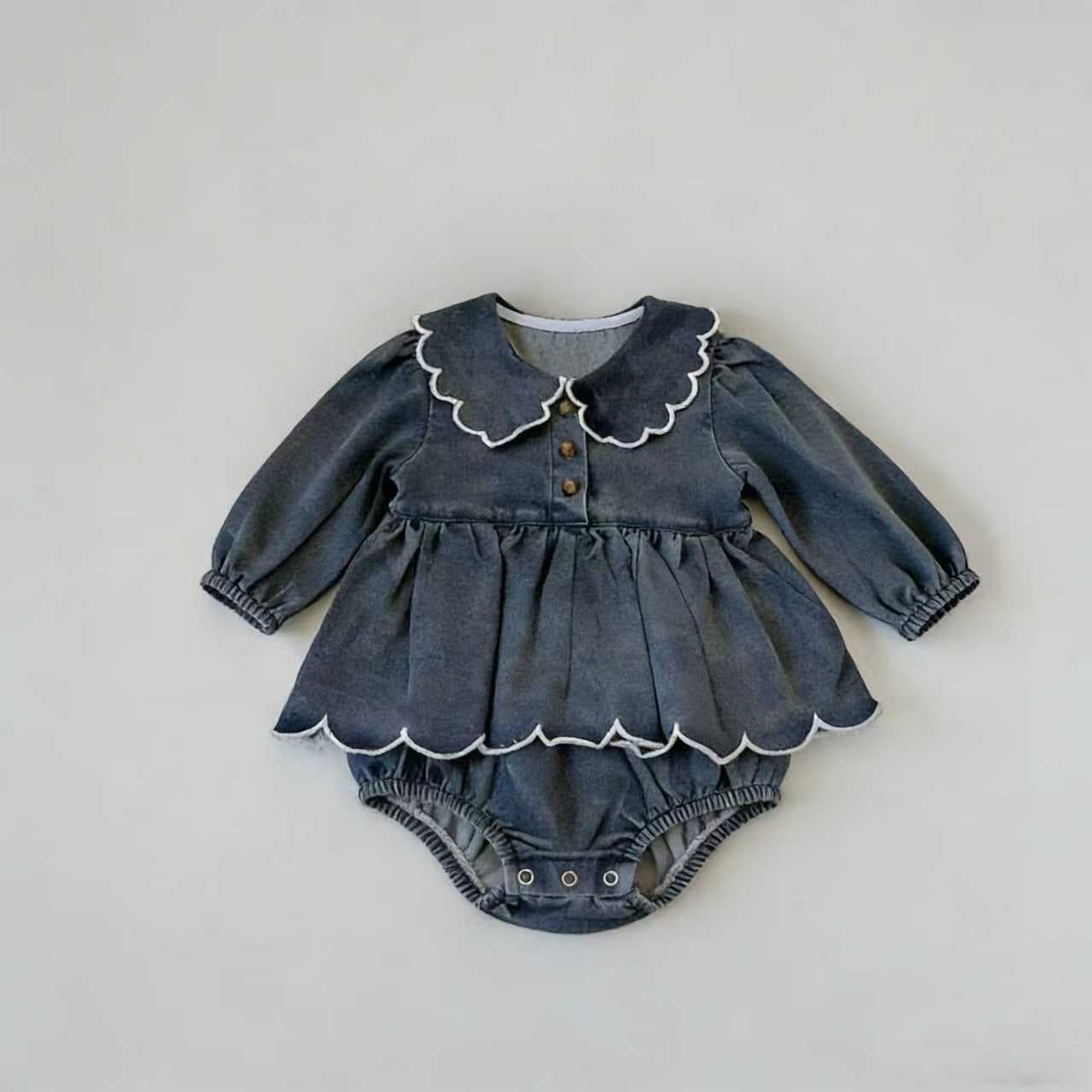 Infant girl baby jumpsuit wavy lace denim skirt spring and autumn style outing Korean style long-sleeved romper