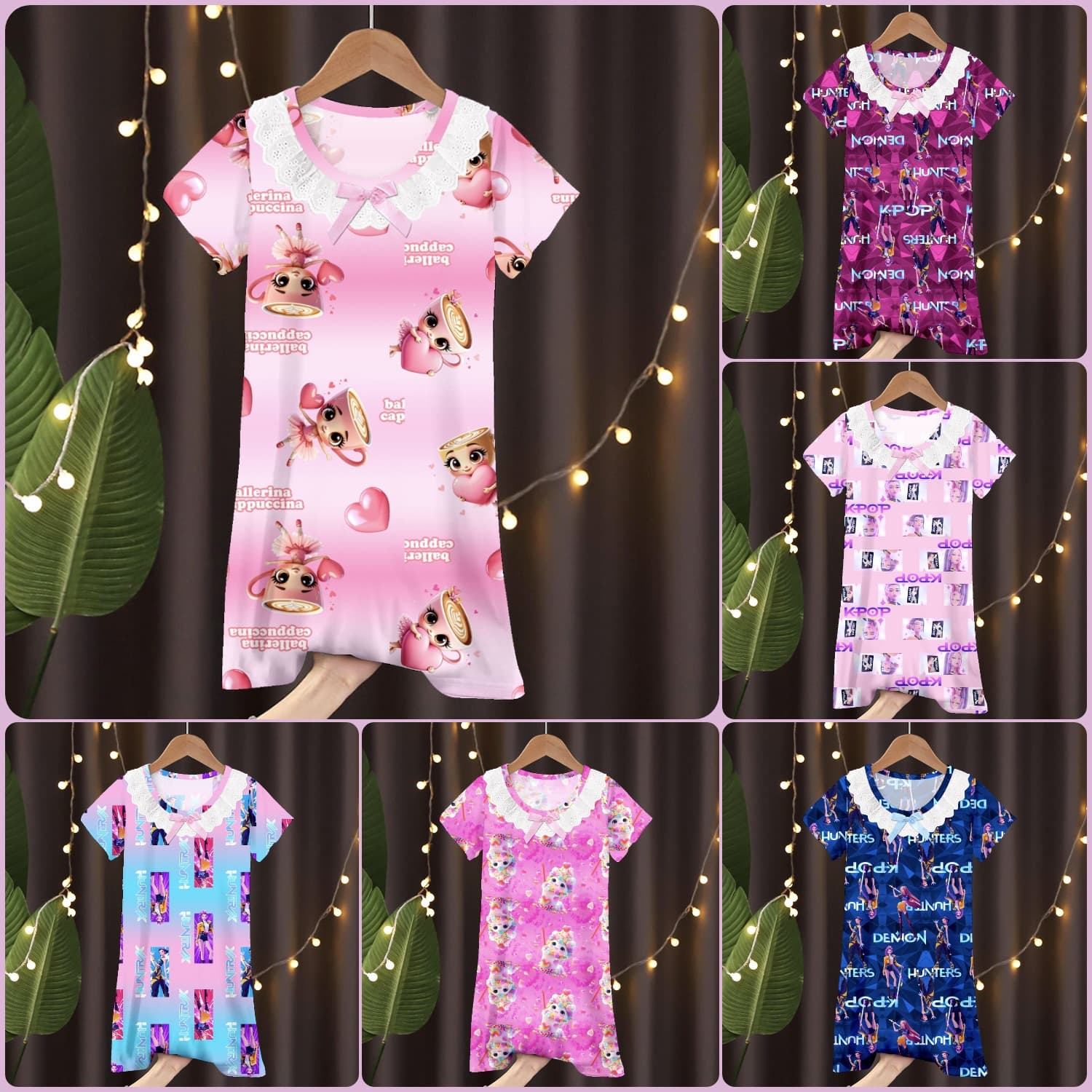 Children's Pajamas Summer Medium and Large Girls Lace Short Sleeve Nightgown Cartoon Baby Kuromi Demon Slayer Homewear