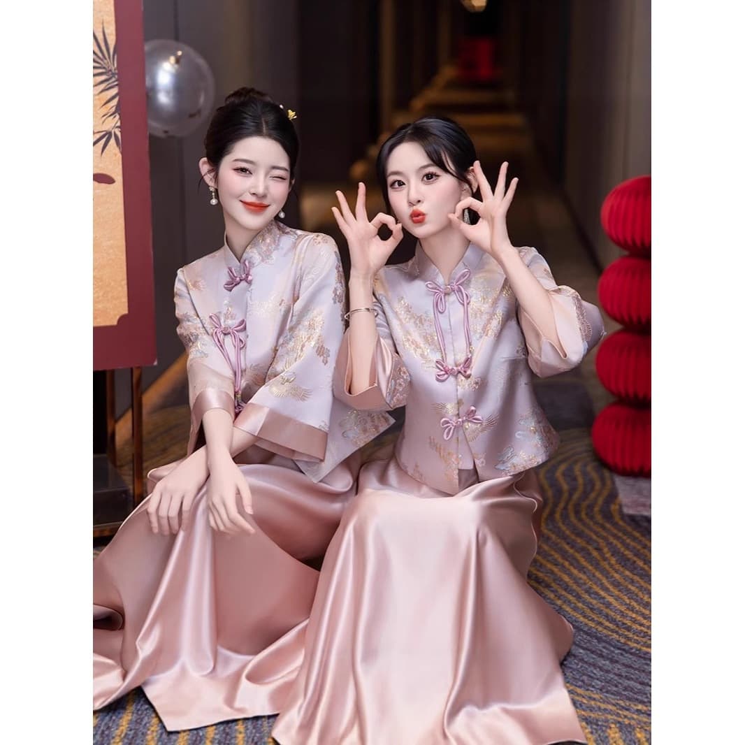 2025 New Plus Size Chinese Bridesmaid Dress, Stunning Satin Sister Dress, Bridesmaid Gown with Xiuhe, Elegant and Unique