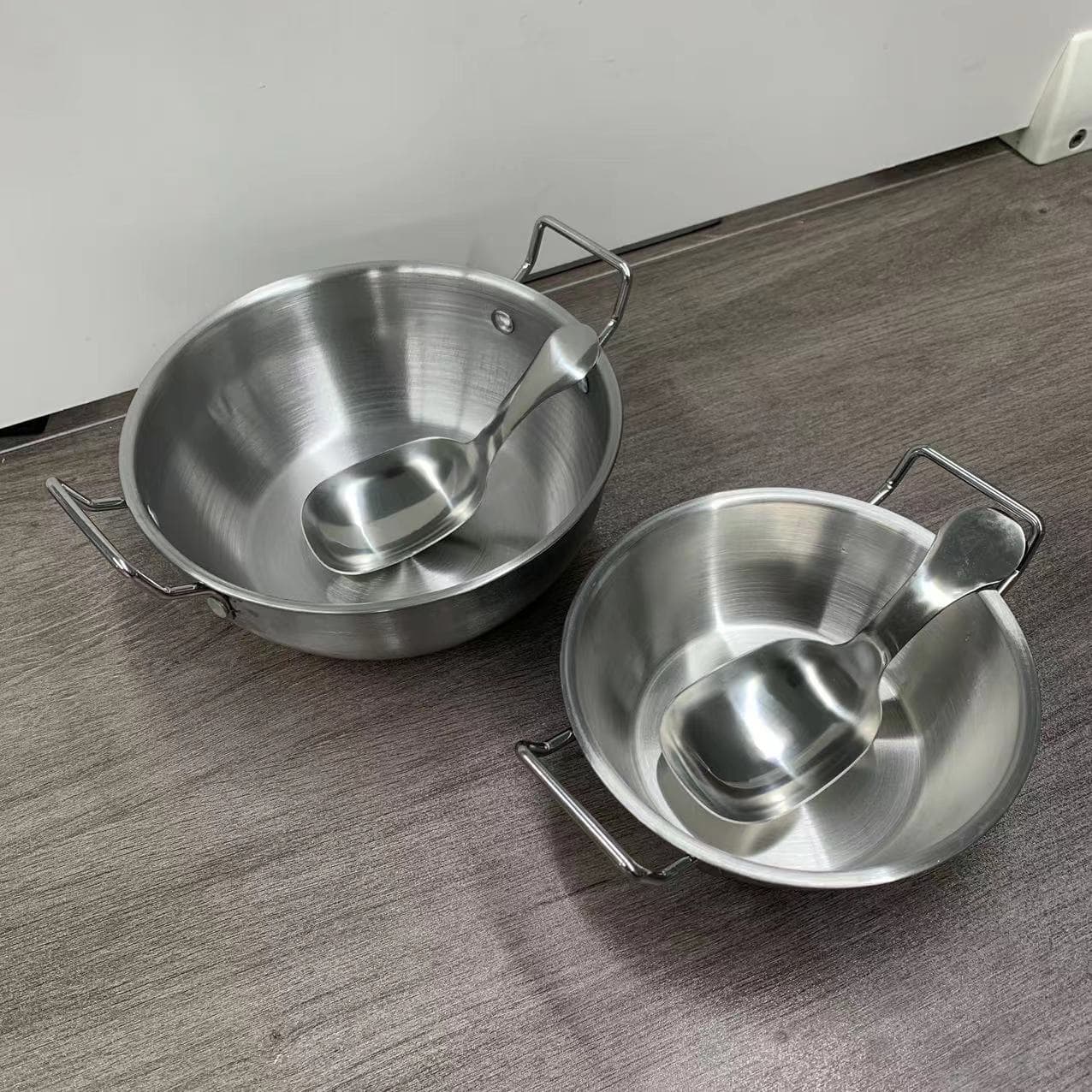 Korean-style stainless steel double-handled bowls with spoons, ideal for salads, side dishes, hot pot boxes, snack bowls, prep dishes, and French fry baskets.