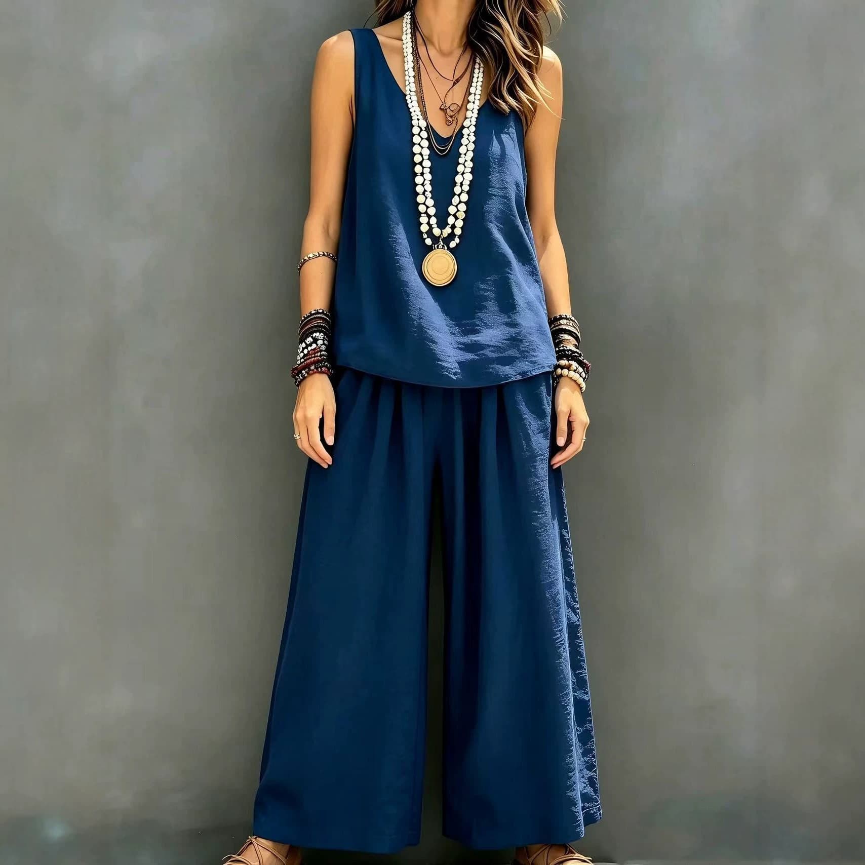 Women's Solid Casual Sleeveless Vest and Wide-Leg Pants Cotton Linen Set for Amazon and Independent Station Cross-Border E-Commerce