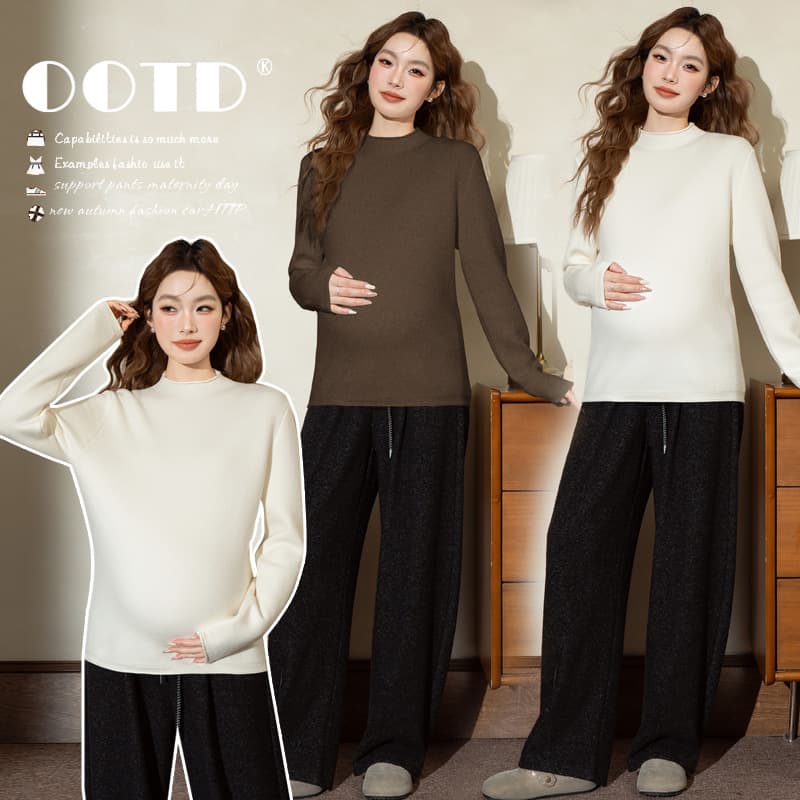 Maternity Wear Autumn/Winter New Fleece-Lined Thick Loose Half-Neck Base Layer Sweater, Korean Style Versatile Slimming Warm Top