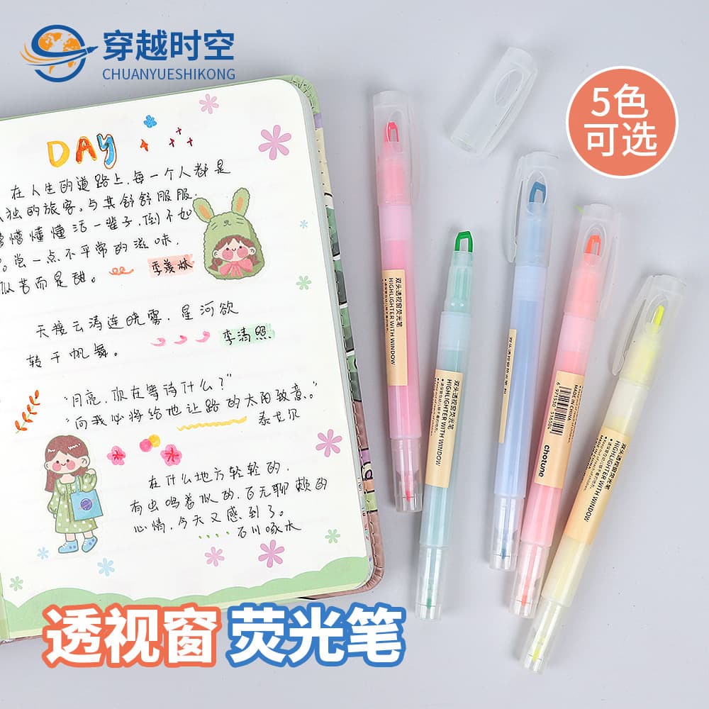 Creative Crystal Transparent Window Dual-Tip Fluorescent Marker Pen Set, 5 Colors, Dual-Tip Graffiti Pen Set