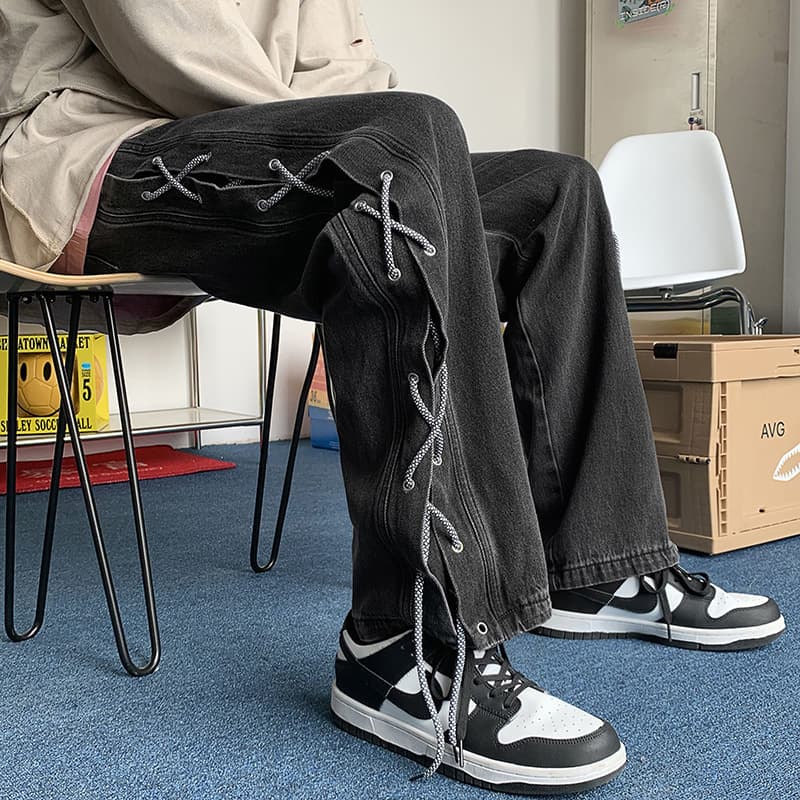 Design niche jeans men's spring and autumn high street ins trendy loose large size fat straight-leg floor-length casual pants