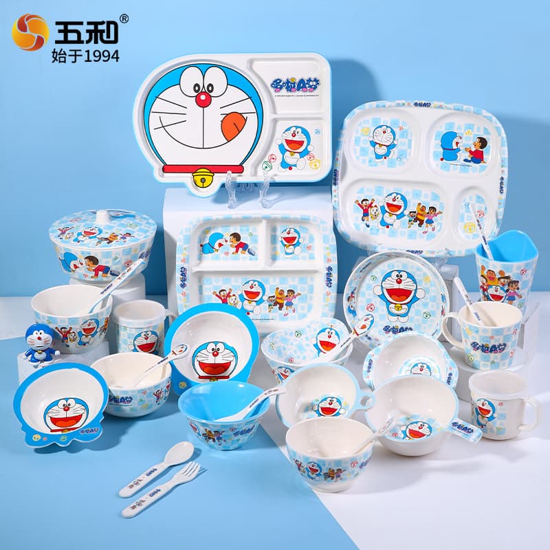 Cute Cartoon Doraemon Children's Dinnerware Bowl Plate Set Heat Resistant Melamine Kids Meal Plate Wholesale Household Use