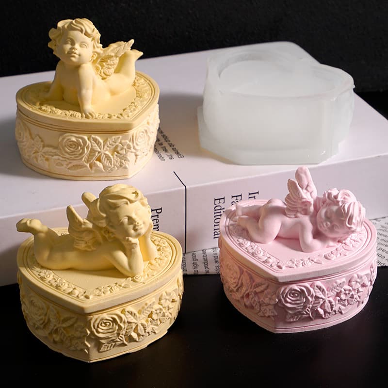 New Little Angel Holding Cheek Heart Storage Box Mold, Heart Angel Series Carved Jewelry Box Silicone Mold