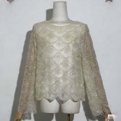 Nanyou European American Thai French Niche Heavy Handmade Sequin Beaded Pullover Flared Long Sleeve Shirt