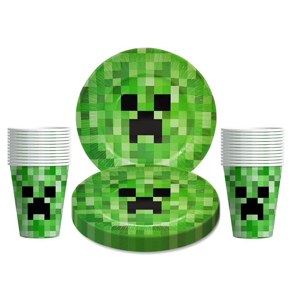 Minecraft Themed Birthday Party Creeper Cups Plates Cake Dishes Disposable Tableware