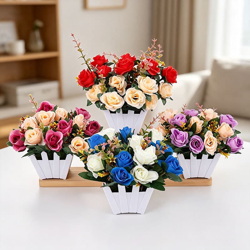 Indoor Cloth Fake Flowers Artificial Rose Green Plant Small Potted Plant Desktop Home Creative Decoration Fence Flower Arrangement