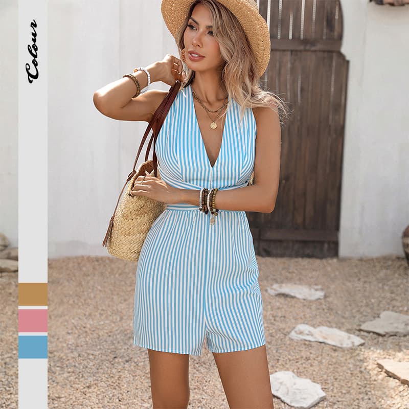 [Baifenzhiyi] European and American 2026 new summer resort style jumpsuits striped cross backless jumpsuits