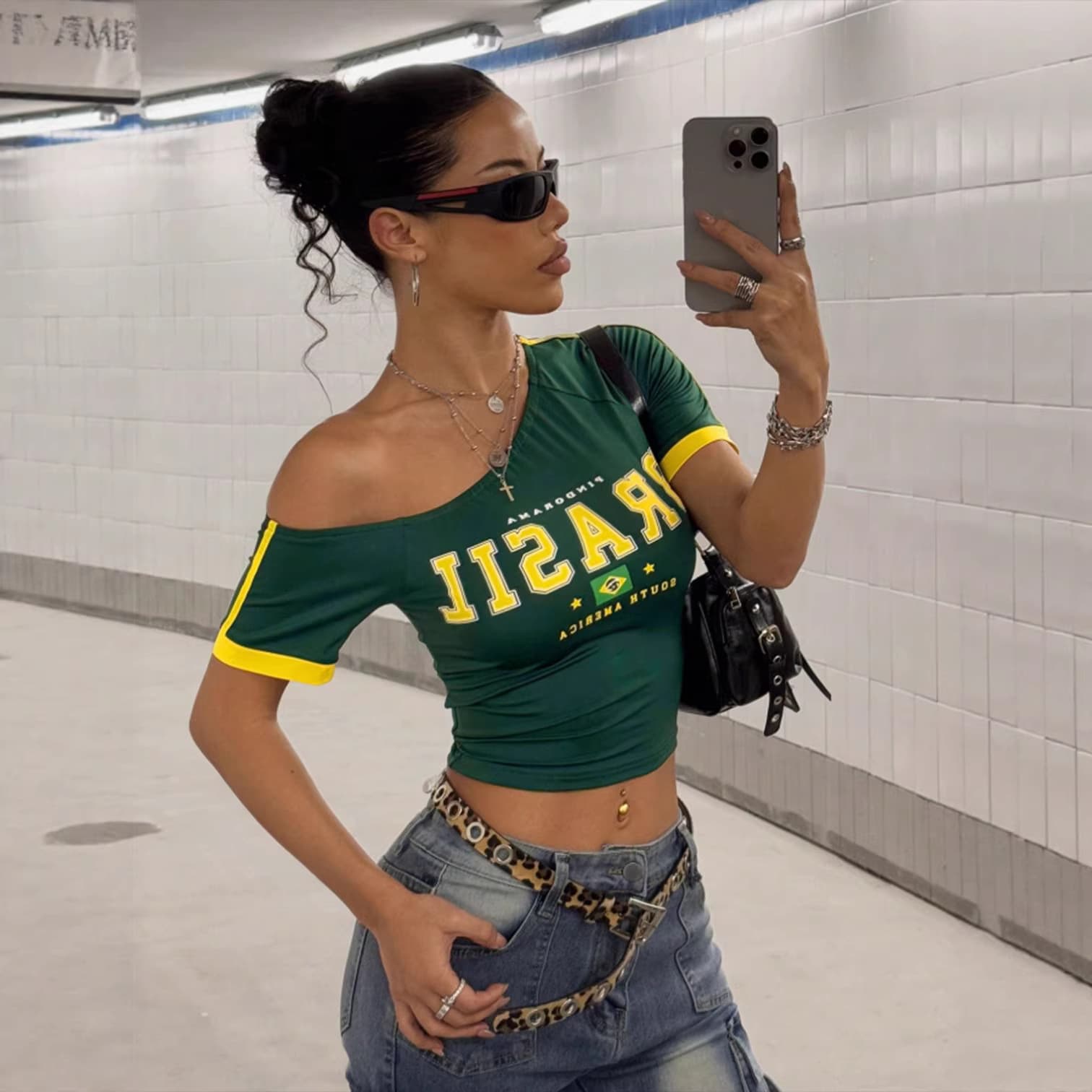 Western Cross-Border American Y2K Vintage Hot Girl Letter Print Slim Fit Waist-Cinching One-Shoulder Crop Top Short-Sleeve T-Shirt