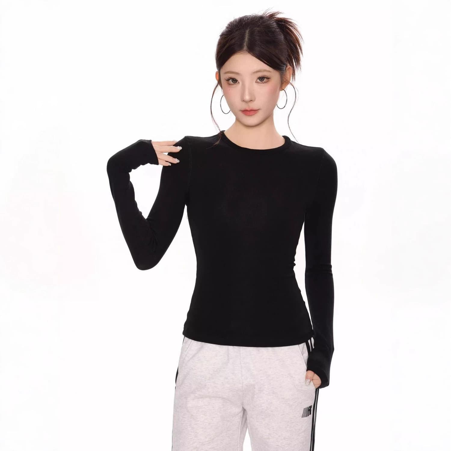 Round Neck Right Shoulder T-Shirt for Women in Early Autumn, Petite Bottoming Shirt, Sexy Slim Fit Pullover Short Long-Sleeved Top