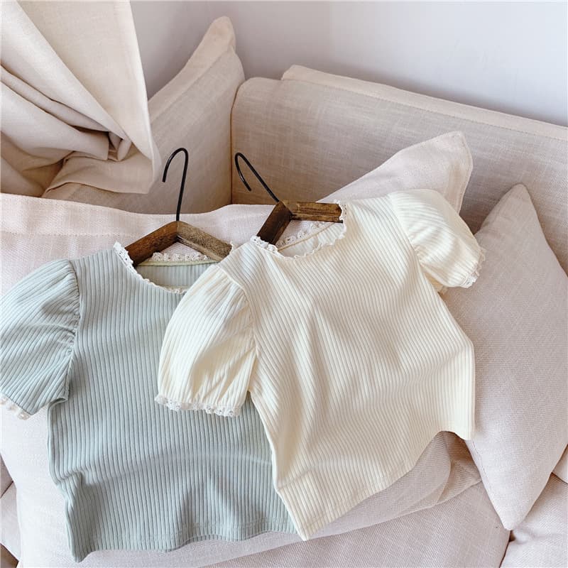 Girls Short Sleeve T-Shirt, Korean Style Ribbed Short Sleeve, Summer Floral Lace Collar Stretch Top for Toddler and Young Girls
