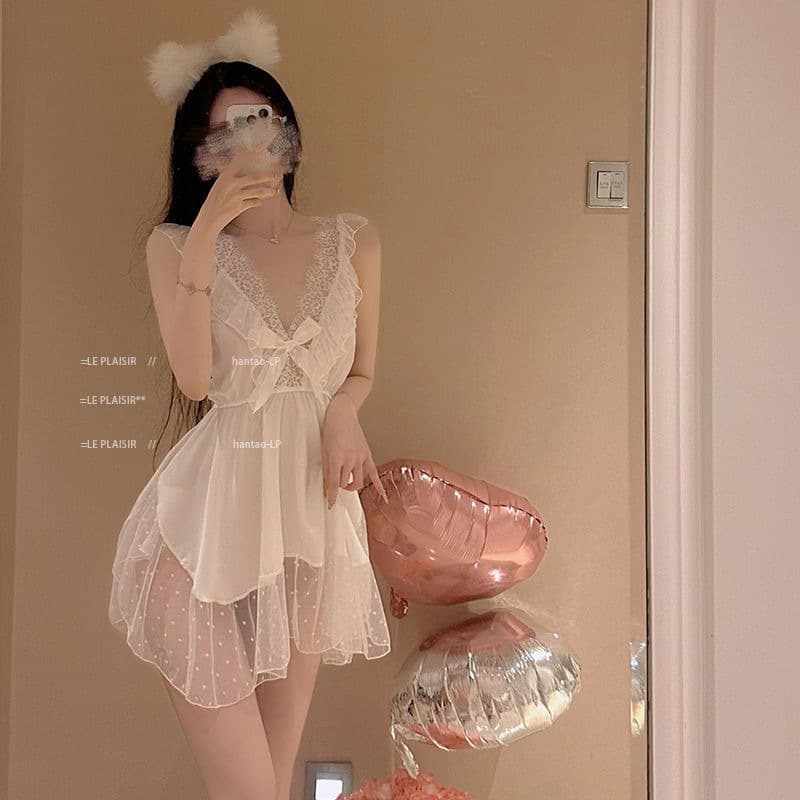 Interesting ny sexy silk polka dot mesh pajamas sweet bow suspender nightgown women's home clothes suit stimulating
