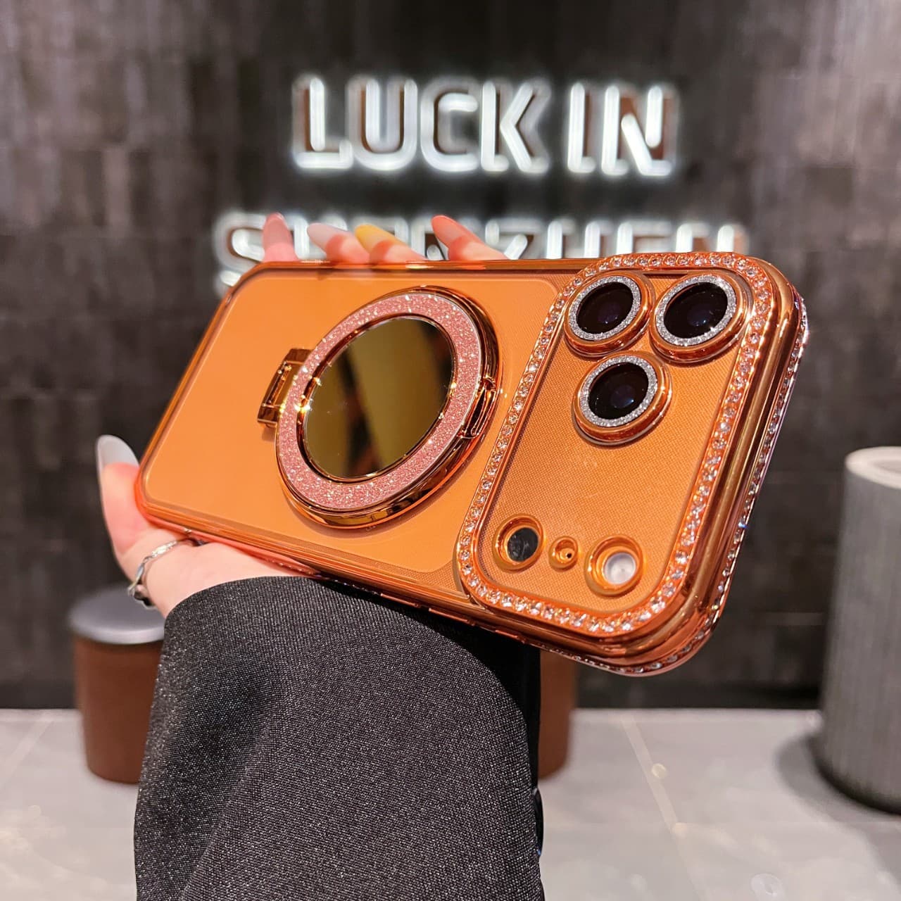 Sparkling Diamond Magnetic Case for iPhone 18, with Mirror Stand and Lens Film for iPhone 16, Shockproof Protective Cover