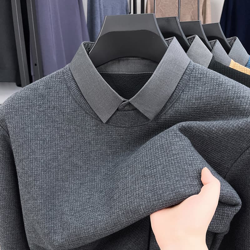 Fleece-Lined Men's Two-Layer Winter New Style Sweater, Turn-Down Collar, Fashionable Thickened Long Sleeve Versatile Sweater for Men