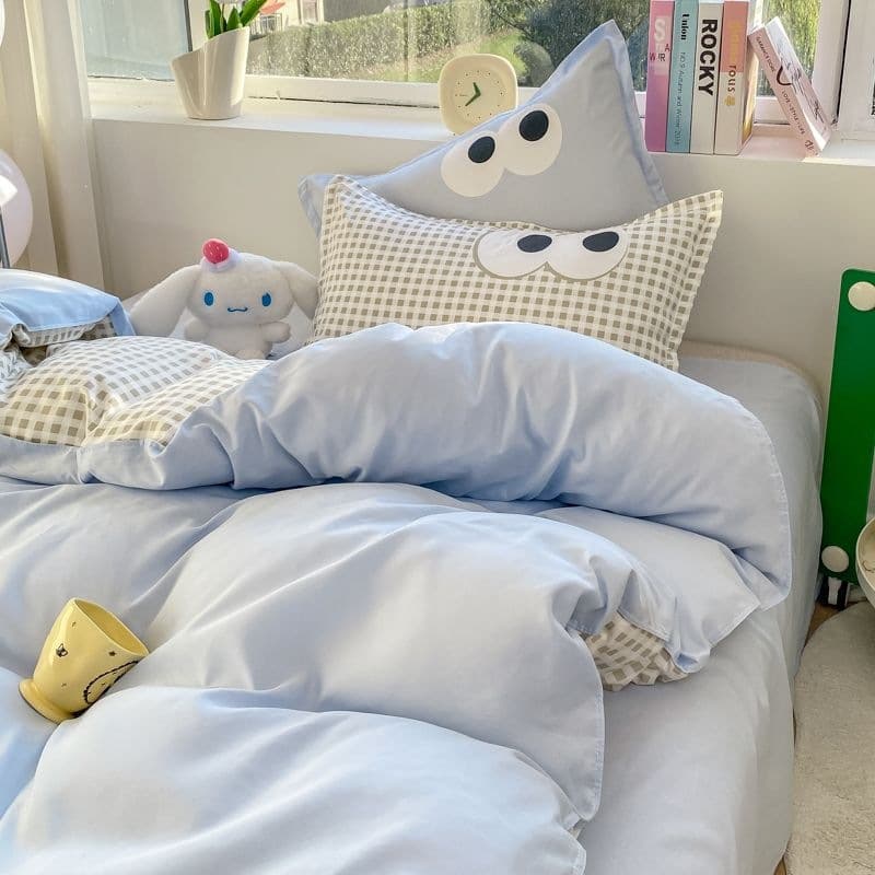 Ins Simple Blue Big-Eyed Cute Four-Piece Set 1.5m Bed Sheet Single Quilt Cover Student Dormitory Bed Three-Piece Set