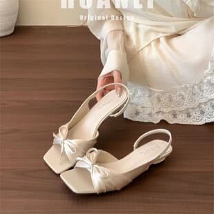 Classic Fashion French Bow Sandals for Women, New Summer Square Toe Low Heel Soft Sole Versatile Elegant Style to Match Dresses