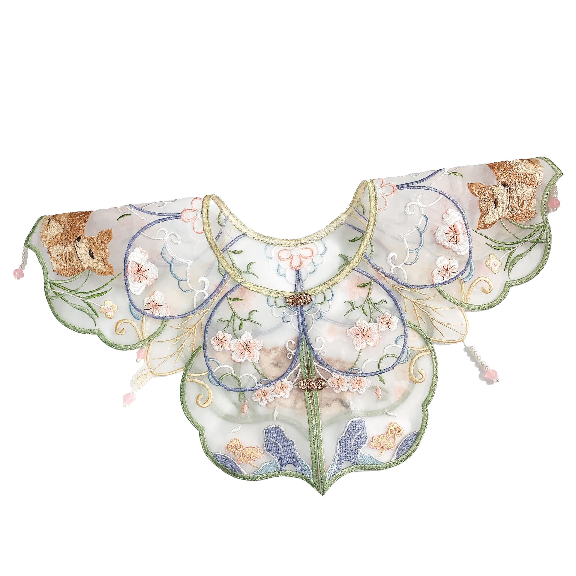 Embroidered Korean gauze fox embroidery embroidery Hanfu handmade beaded double-locking fairy children's clothing adult wear false collar cloud shoulder