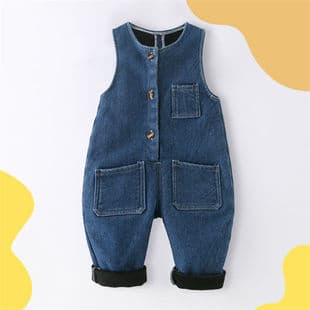 Boys and Girls Fleece-Lined Dungarees Autumn Winter, Children's Denim Pants Baby Winter Thickened Cotton Pants Adjustable Crotch, Autumn Winter Thickened