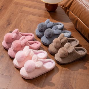 Autumn/Winter Cotton Slippers Women's Cute Rabbit Head, Thick-Sole Home Closed-Toe with Heel Warm Outdoor Cotton Slippers