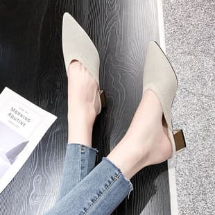 Cream White Knitted Pointed Toe Chunky Heel Half Slippers Women Spring Summer Breathable Woven Toe Cover Sandals Simple Square Heel Commute Outdoor