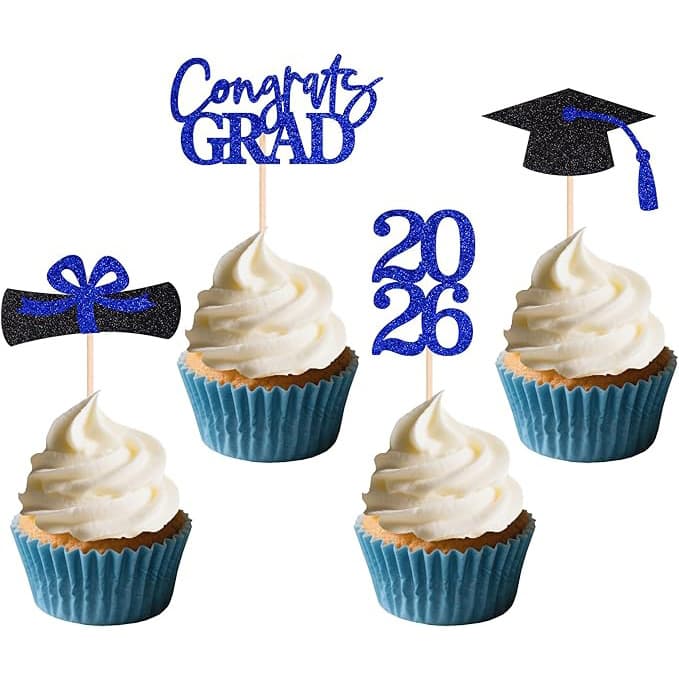 36Pcs Graduation Cupcake Toppers – Red Blue Gold 2026 Graduation Theme Party Decoration Supplies