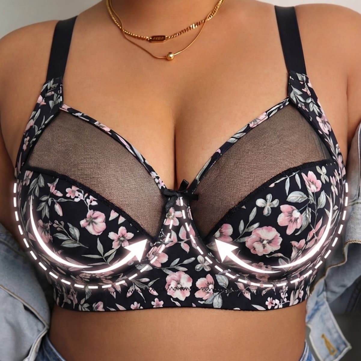 Sexy Sheer Mesh Floral Lingerie Seamless Wire-Free No Padding Thin Large Coverage Bra for Export Cross-Border