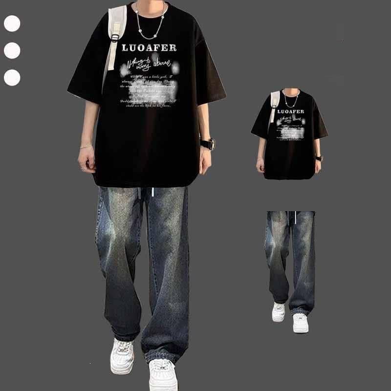 Men's Short Sleeve T-Shirt Set for Summer, Stylish One-Piece with Matching Jeans, High Street Ins Trendy Two-Piece Set