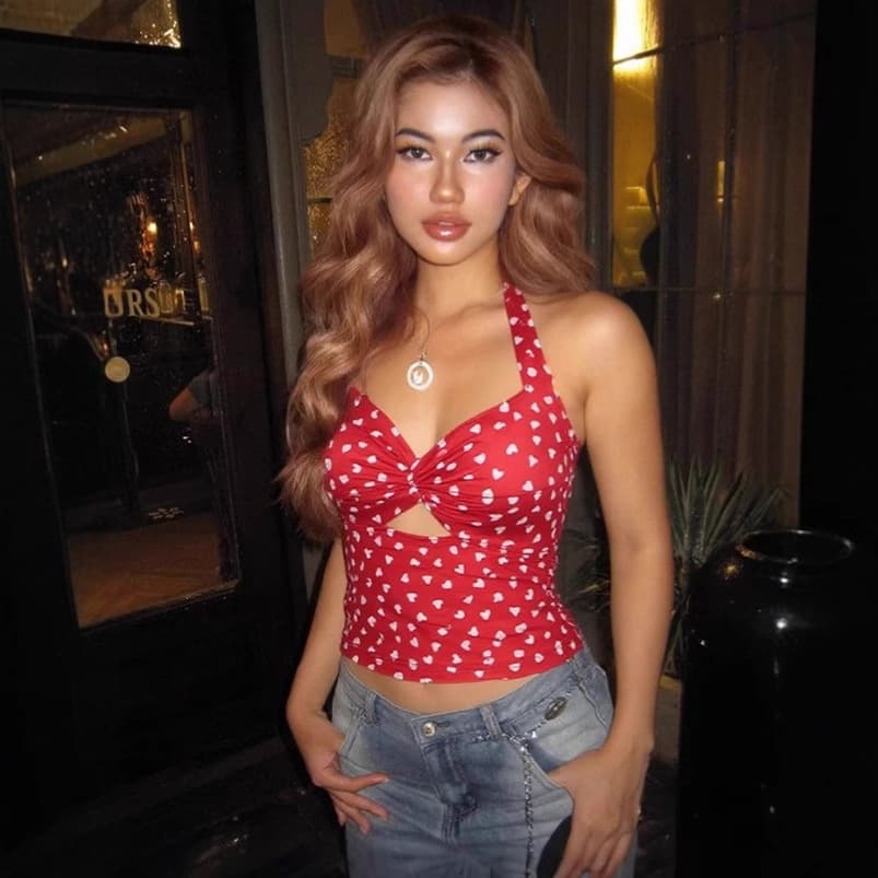 European and American Style Women's Clothing 2025 Spring and Summer New Sexy Slim Halterneck Cut Out Strap Printed Camisole for Women