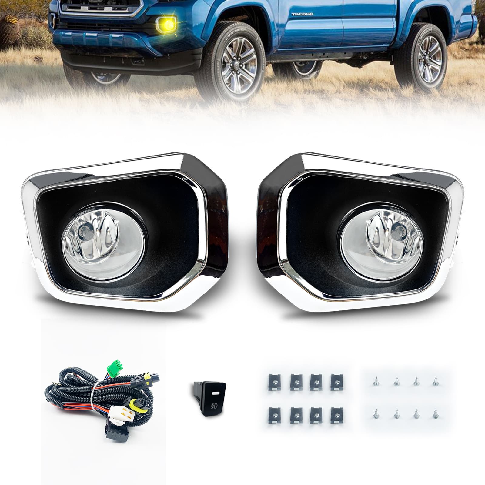 New Car Fog Lights Compatible with Toyota TACOMA 2016-2021 Modification with Chrome Halogen Fog Lights