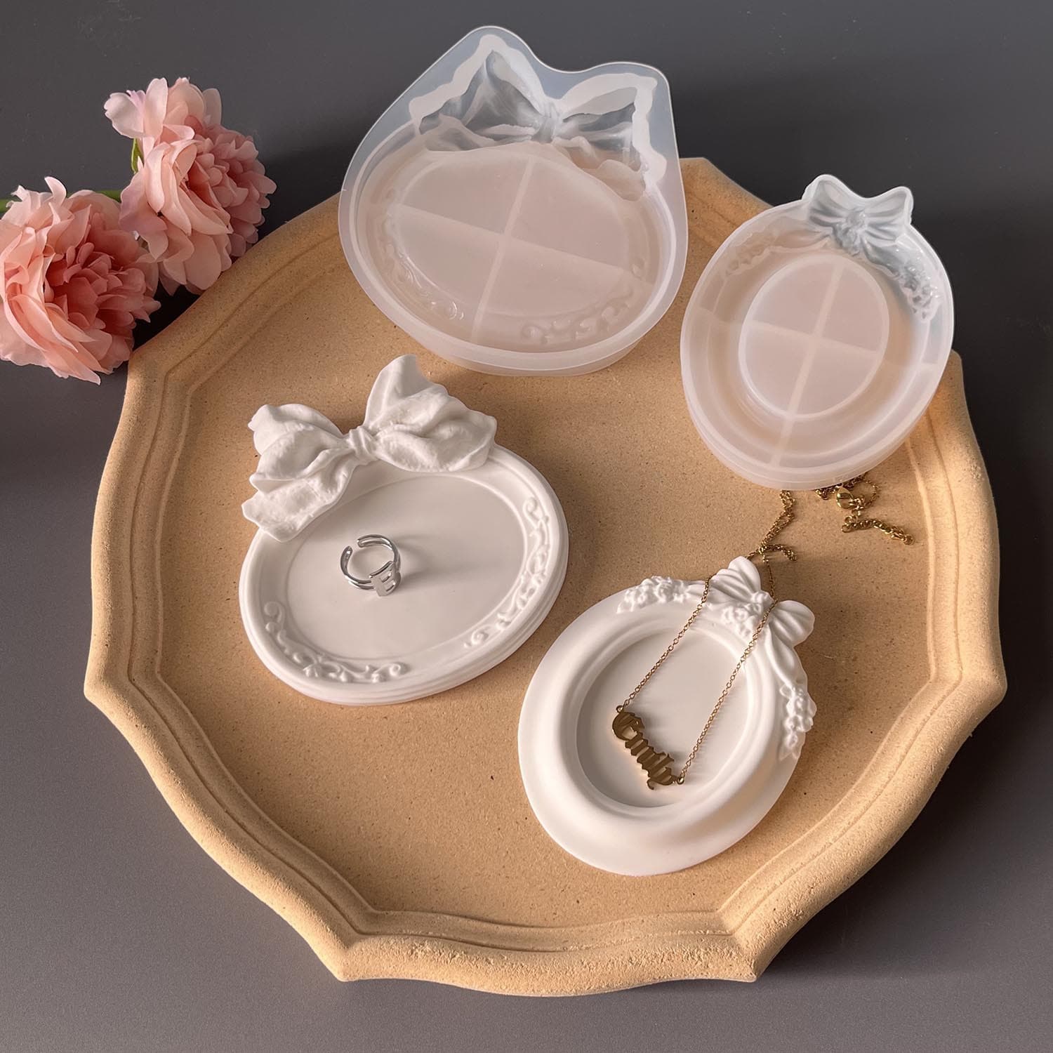 Embossed Pattern Butterfly Bow Plate Dish Silicone Mold, Jewelry Storage Tray, Plaster Resin Mold