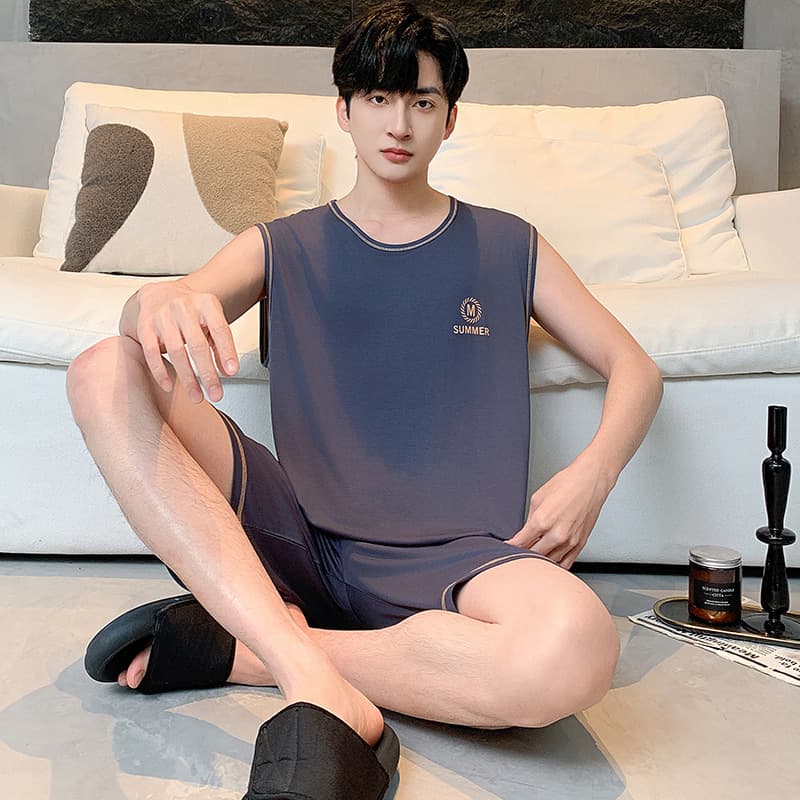 Modal Men's Summer Pajamas Vest Sleeveless Shorts Set Wearable Cooling Loose Thin Loungewear
