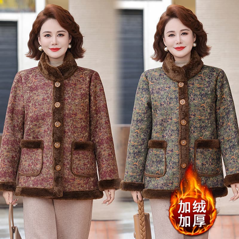 Grandma's New Chinese Style Winter Cotton-padded Coat, Middle-aged and Elderly Women's Clothing, Fleece-lined and Thickened Elegant Top, Mother's Fur-lined Coat