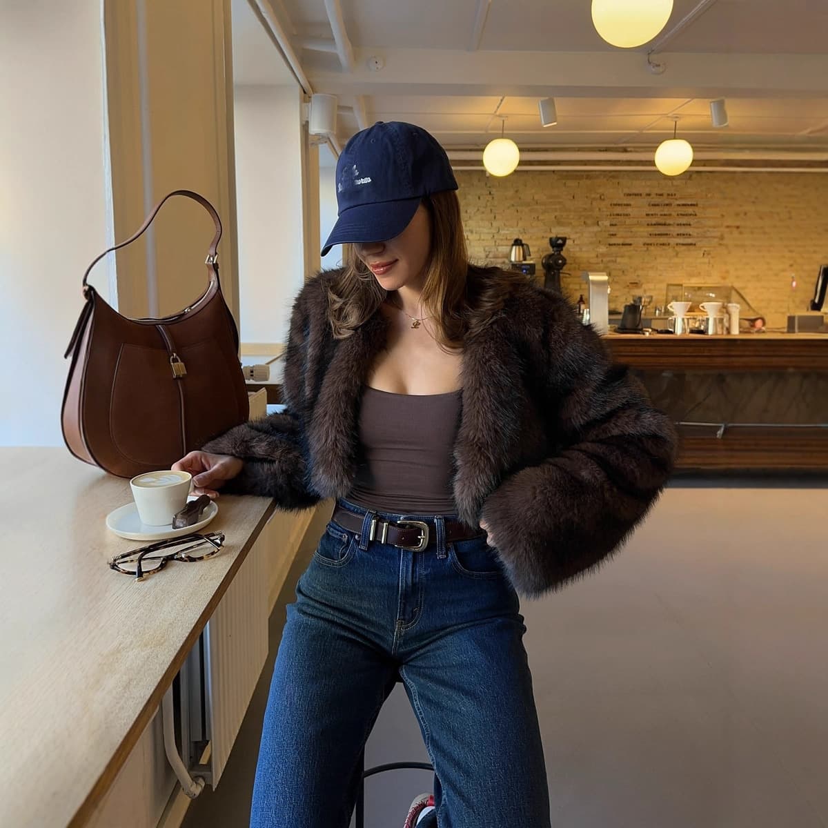 Short Faux Fur Jacket Brown Eco-Friendly Fur Coat for Women Winter