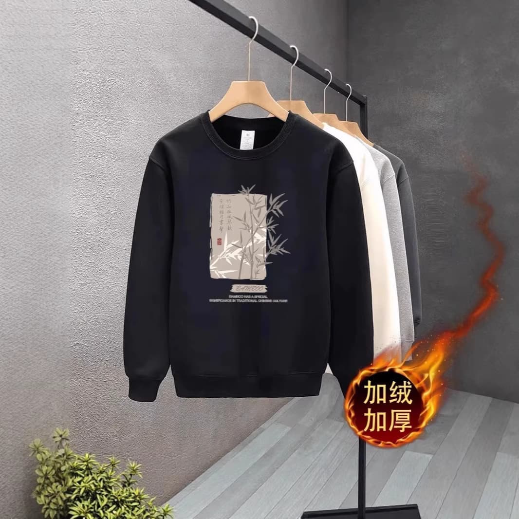 New Heavyweight Round-Neck Plus-Size Fleece Sweatshirt for Men, Casual Printed Loose-Fit Versatile Pullover Fashion Top