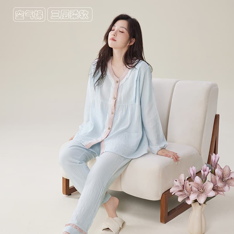 Pure Cotton Maternity Suit Double-Layer Cotton Yarn Postpartum Nursing Wear for Pregnant Women Spring Summer Sweat-Absorbing Breathable Maternal Home Suit Set