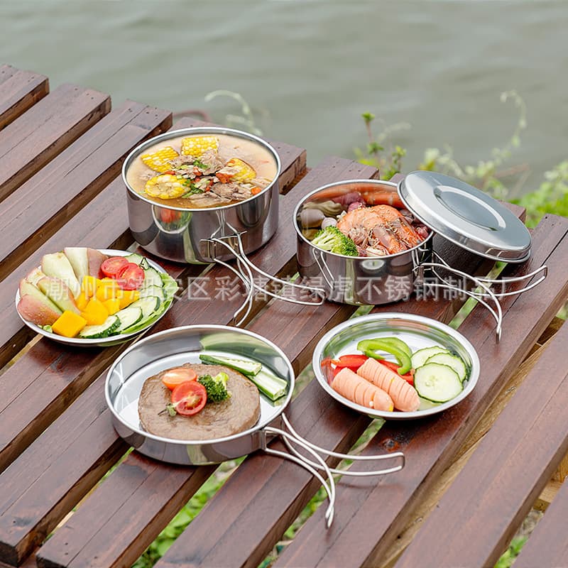 Outdoor camping cookware set, portable pot and pan set, camping cooking utensils, outdoor cooking equipment, picnic supplies, road trip stainless steel.