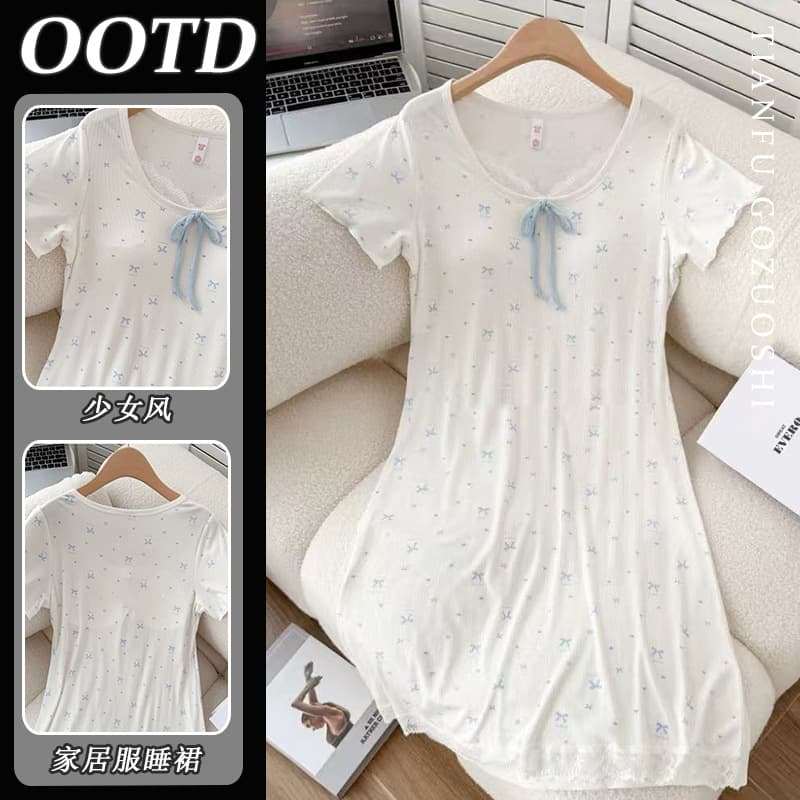 [With chest pad] New short-sleeved pajamas for women in summer, sweet and wearable, bow-tie mid-length home wear with chest pad