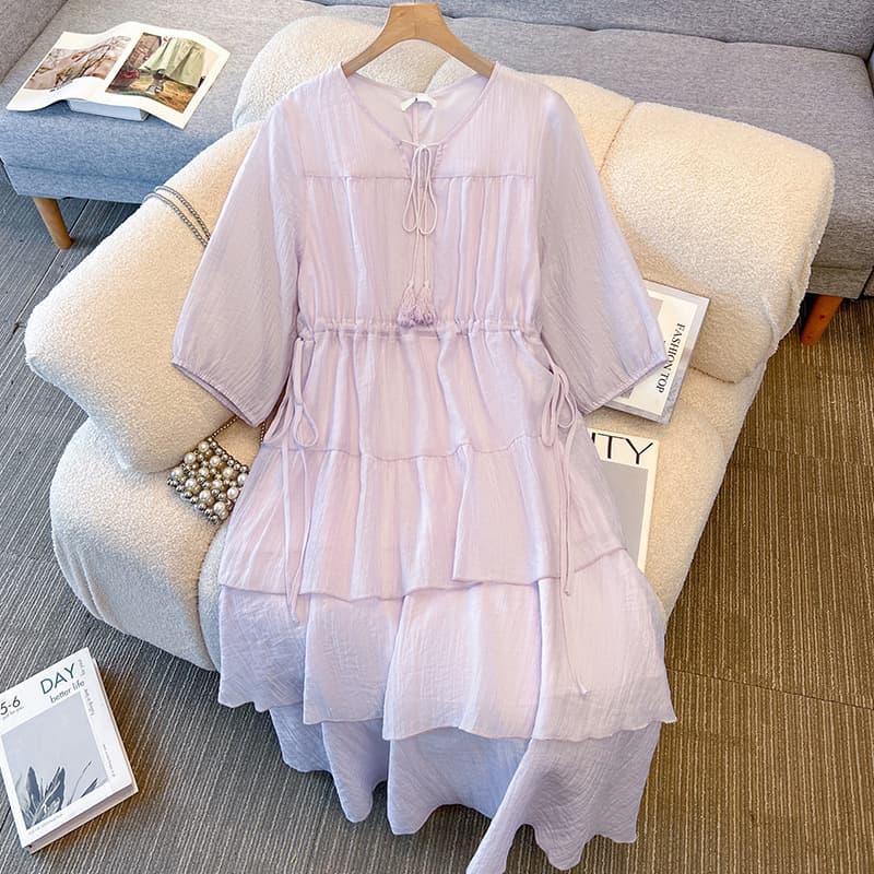 Plus Size Women's Summer French Style Tiered Dress, Loose Fit, Slimming, Sweet, for 130-300 lbs