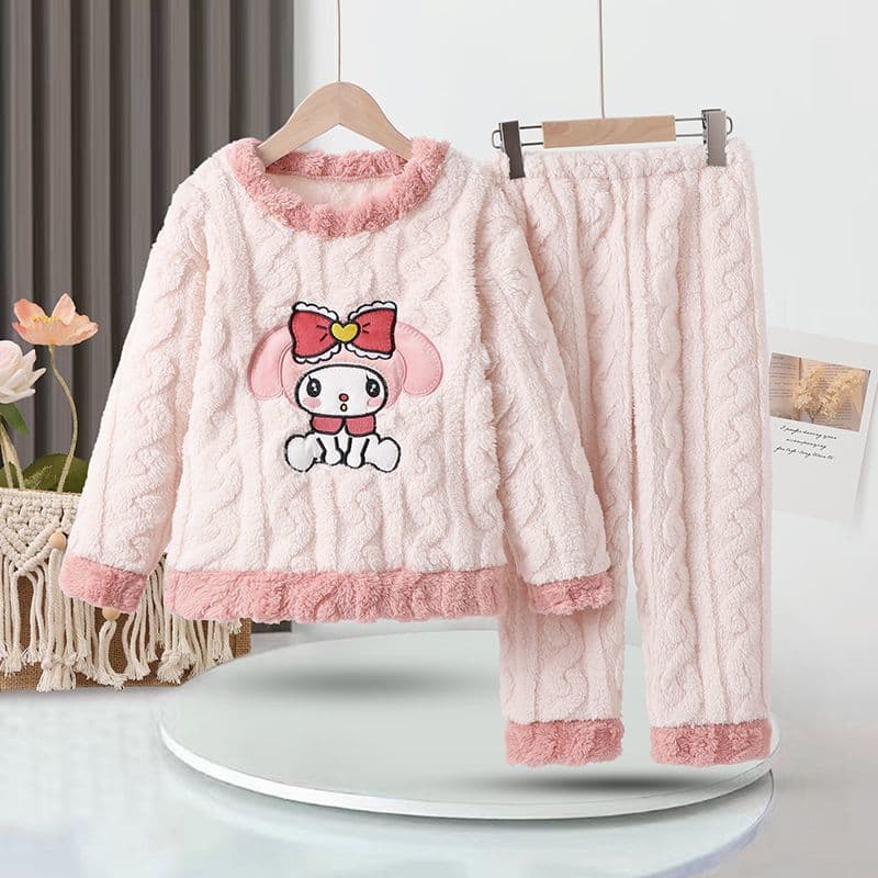 New Winter Children's Pajamas Jacquard Fleece Girl Cut Velvet Cute Cartoon Medium and Large Kids Sleepwear Set Home Clothes