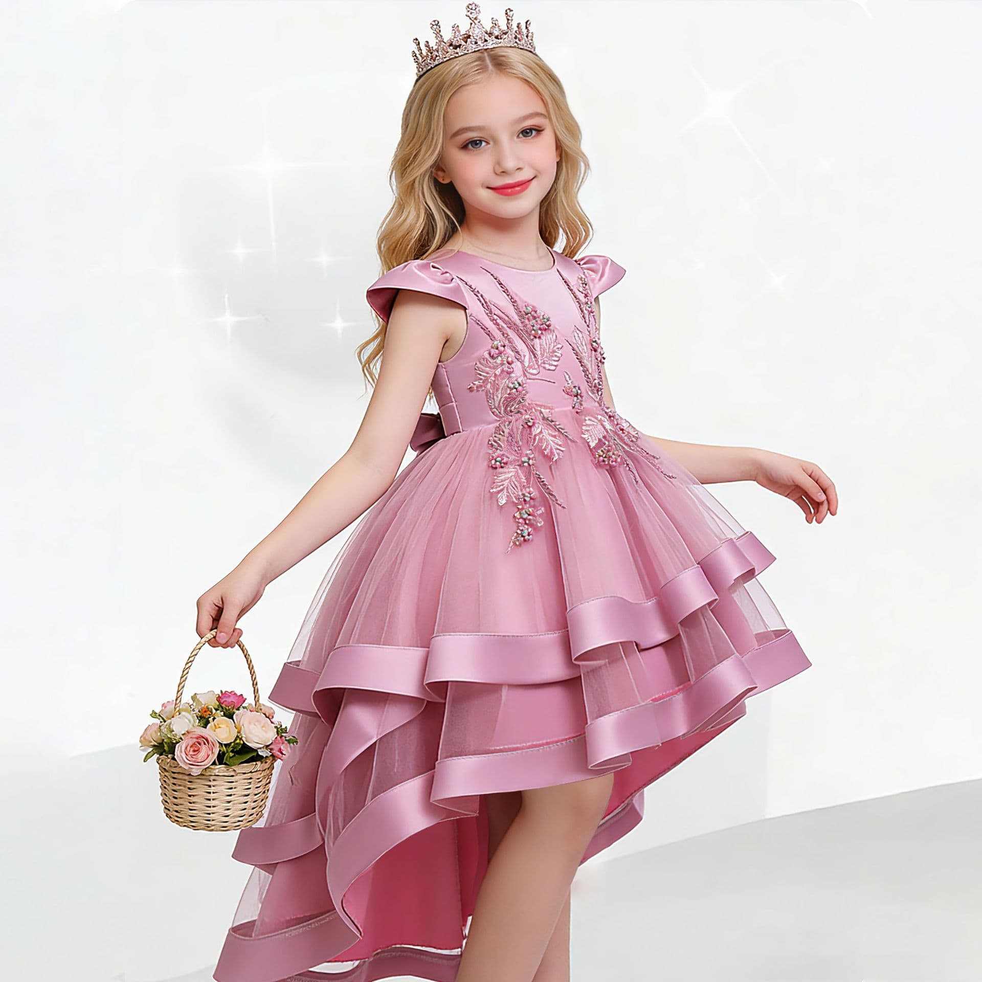 Princess Style Children's Dress Heavy Embroidery Train Show Wedding Dress Evening Gown Summer Cotton Blend Polyester Fabric