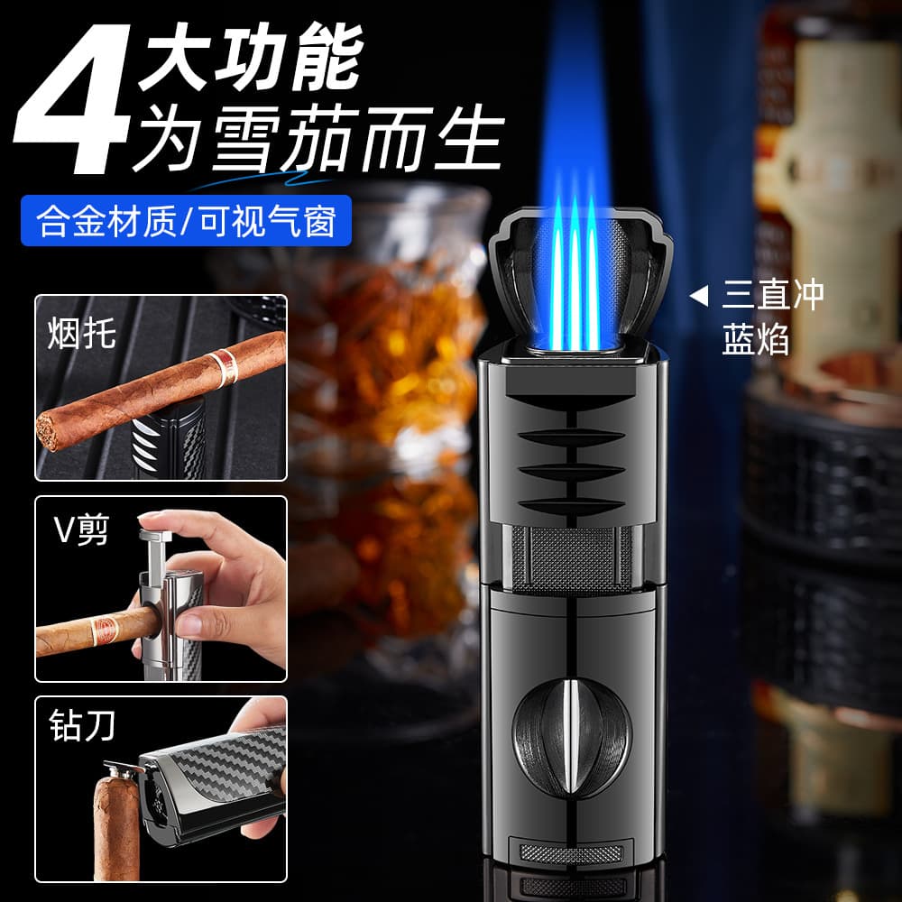 Cross-border Hot Selling Triple Jet Refillable Lighter, Cigar Special Direct Jet Lighter, Portable Four-in-One Lighter