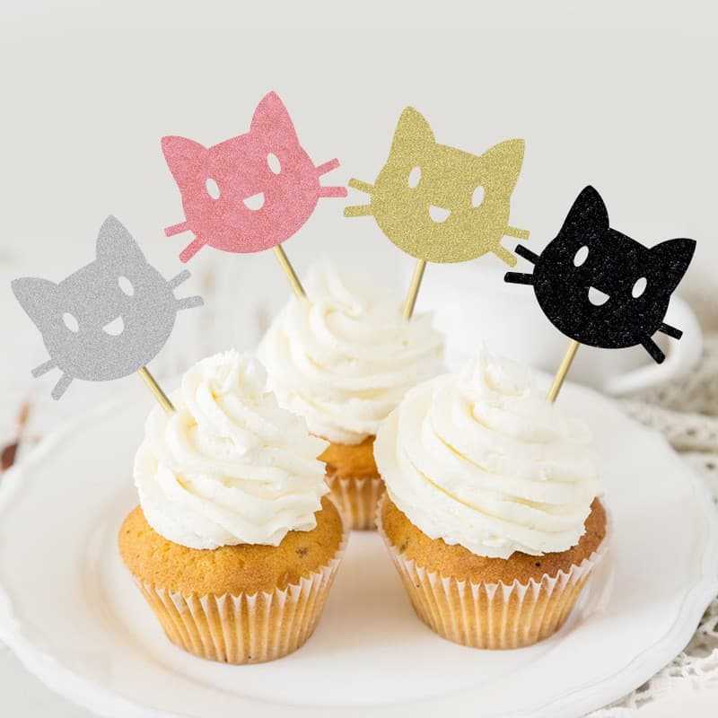 4 colors available glitter cat sign for birthday party dessert table decoration, New Year cartoon