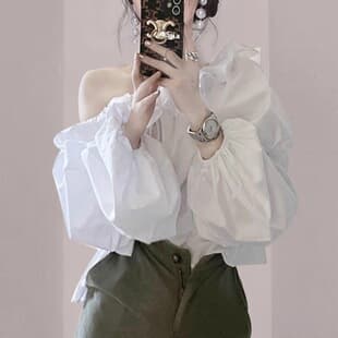 Chic One-Shoulder French Asymmetrical Design Ruffle White Puff-Sleeve Blouse for Women, Black