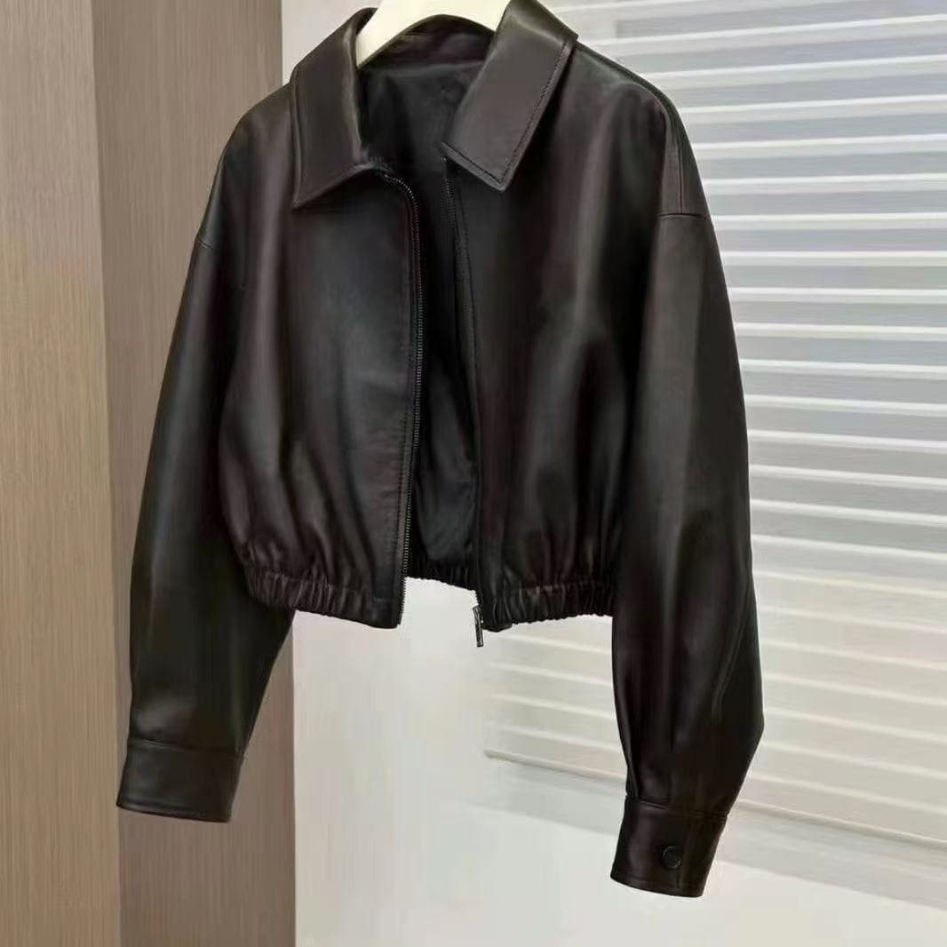 Black Soft Leather Autumn Outerwear Women 2025 New Square Collar Niche Design Motorcycle Zipper Short Leather Jacket Trendy