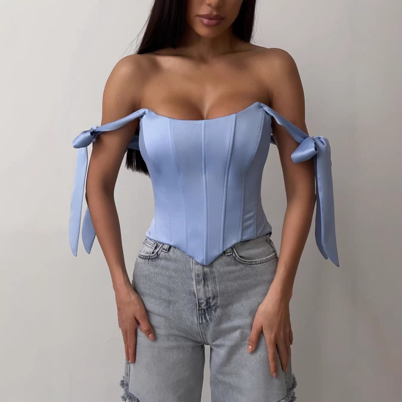 Cross-border foreign trade fishbone low-cut top pure desire French style outer wear strap bra with irregular hem summer hot girl outfit